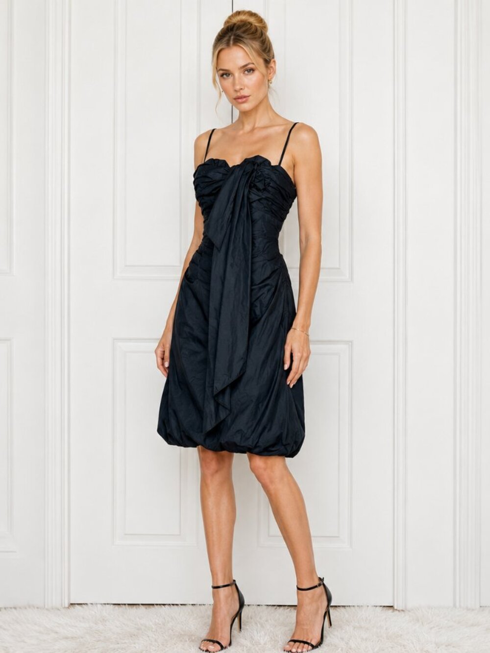 BCBGMaxAzria Ruched Bubble Hem Strappy Cocktail Party Black Dress